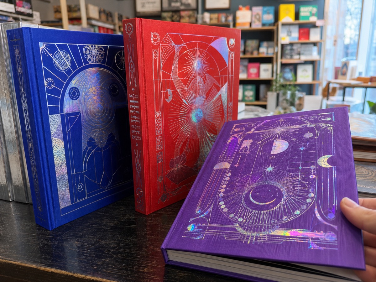 Hardback book covers with detailed silver cold foil illustration