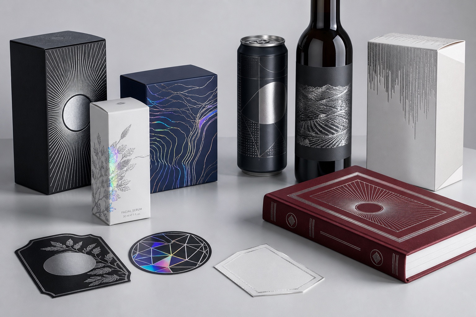 Premium packaging, labels, food packaging, pharmaceutical packaging, and a book cover finished with silver and holographic cold foil
