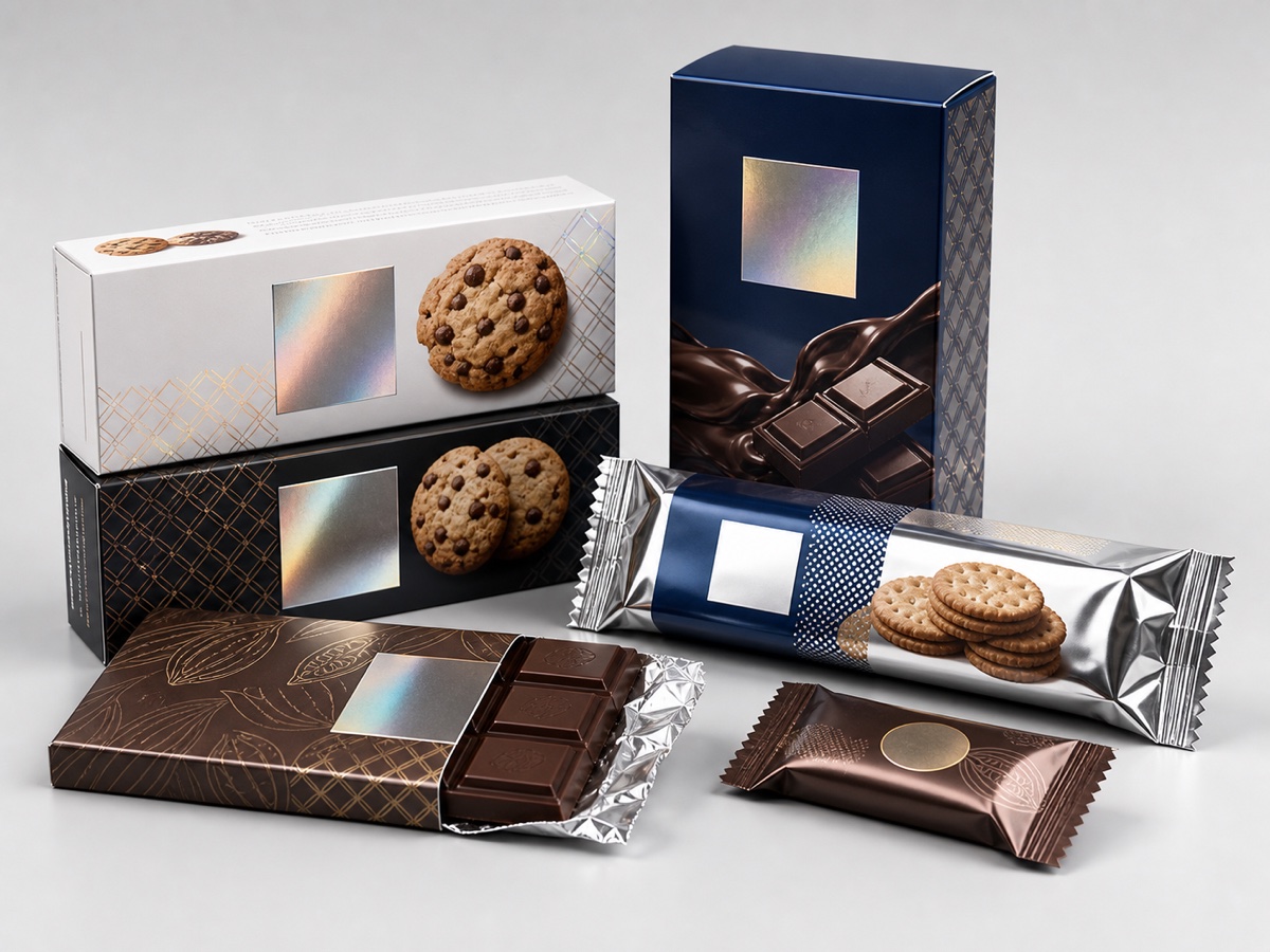 Premium chocolate and biscuit packaging with metallic cold foil details