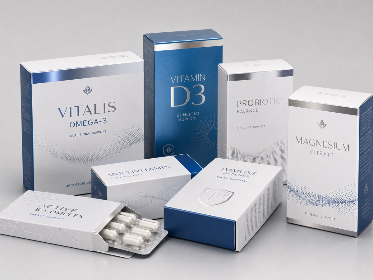 Premium pharmaceutical and vitamin packaging with metallic cold foil details