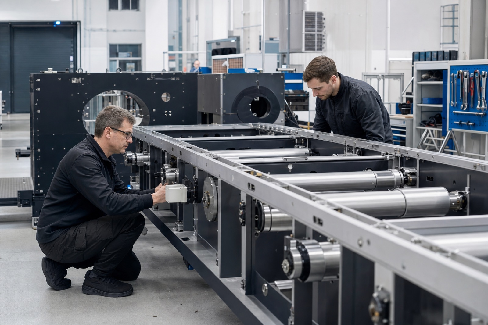 MOTTONI engineers assembling and inspecting a precision machine frame