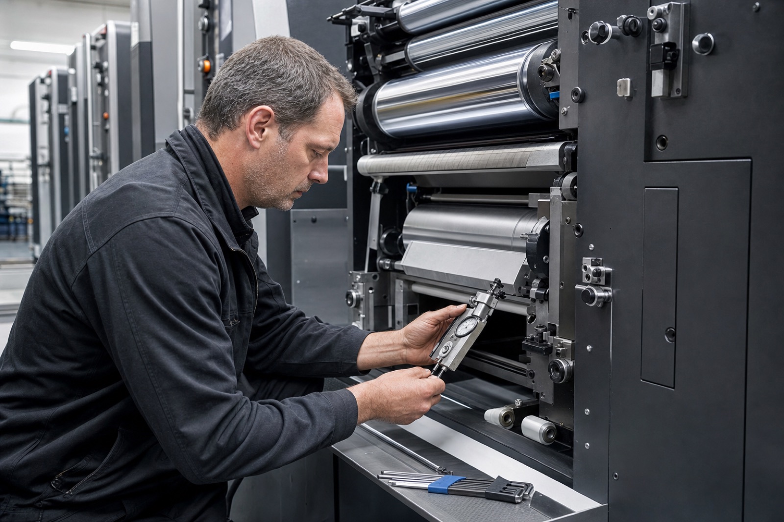 Technical specialist calibrating a professional printing system