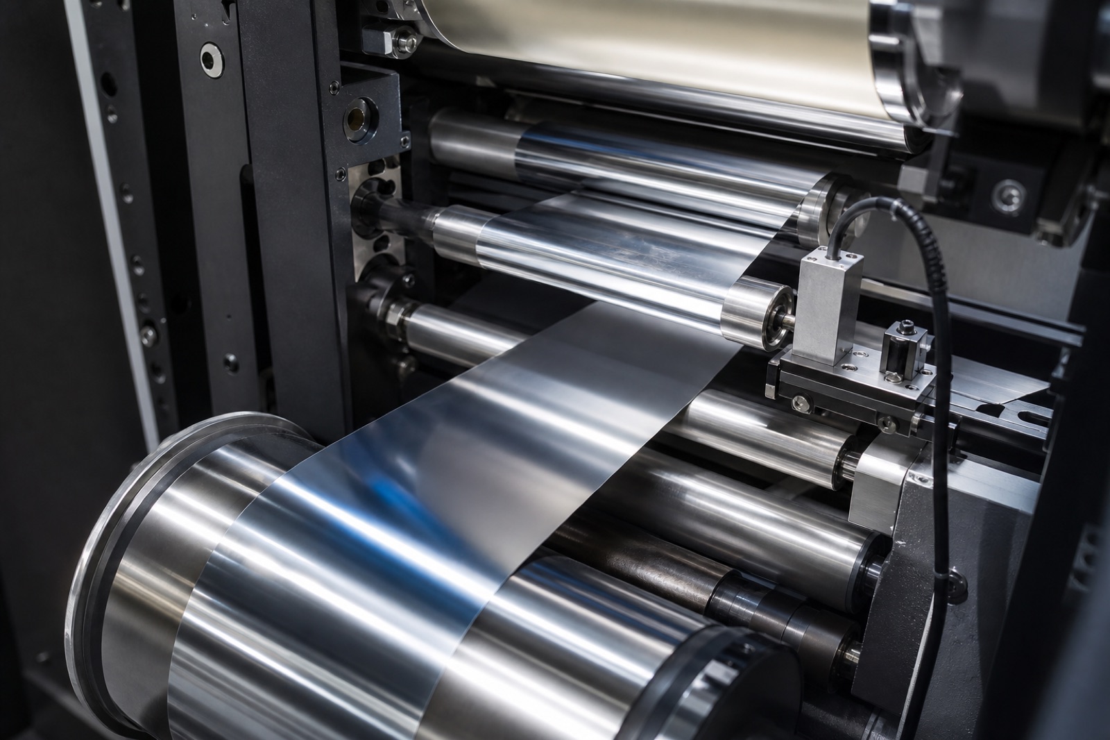Metallic foil moving through precision rollers and sensor hardware