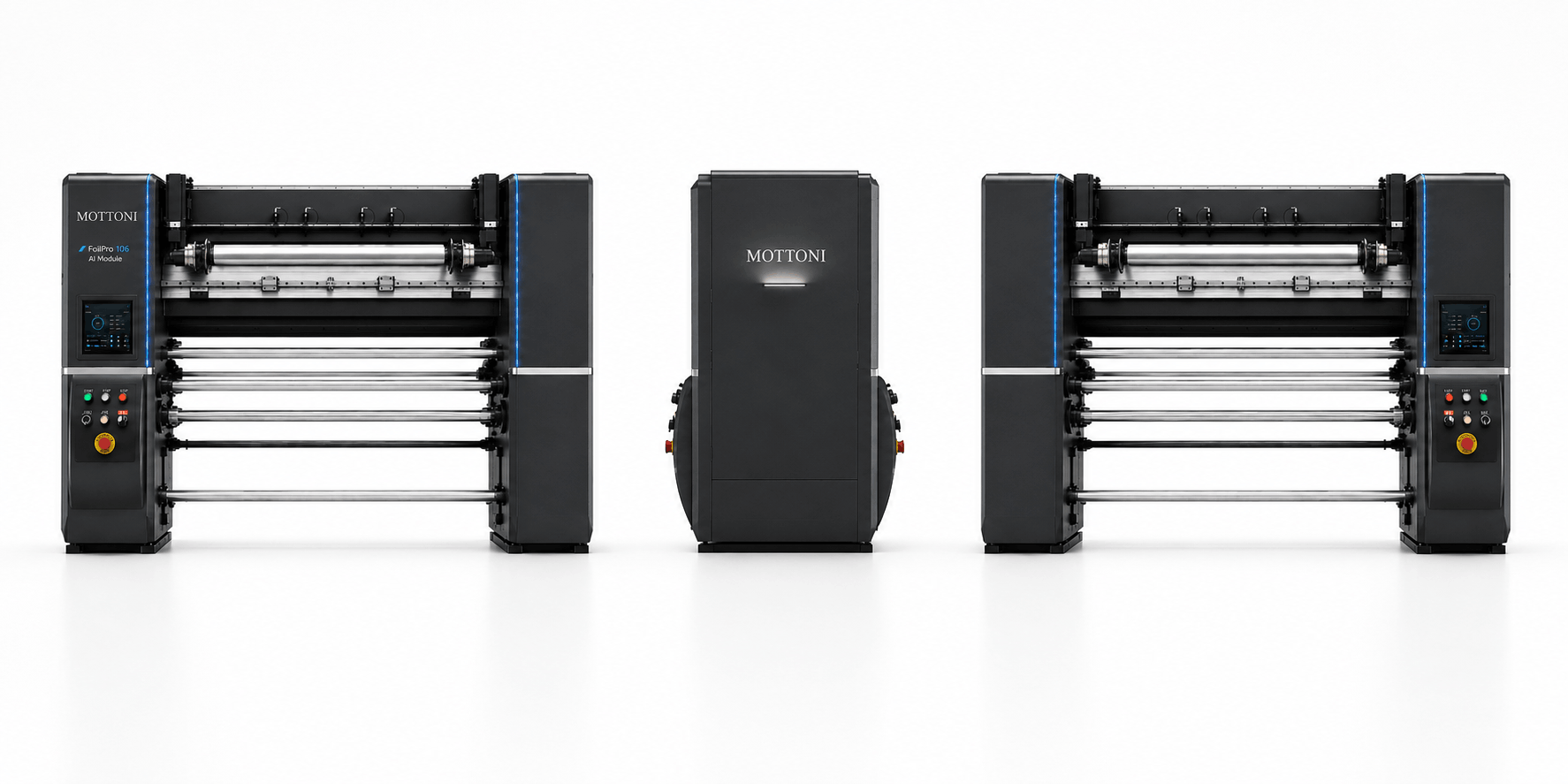 FoilPro 106 AI Module Heidelberg configuration shown from front, side, and rear
