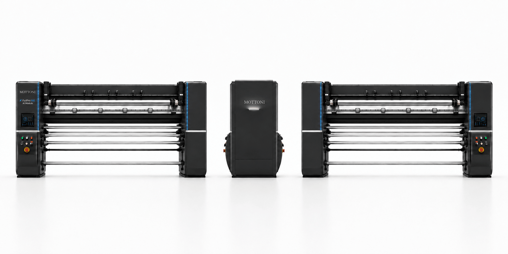 FoilPro 140 AI Module Heidelberg configuration shown from front, side, and rear