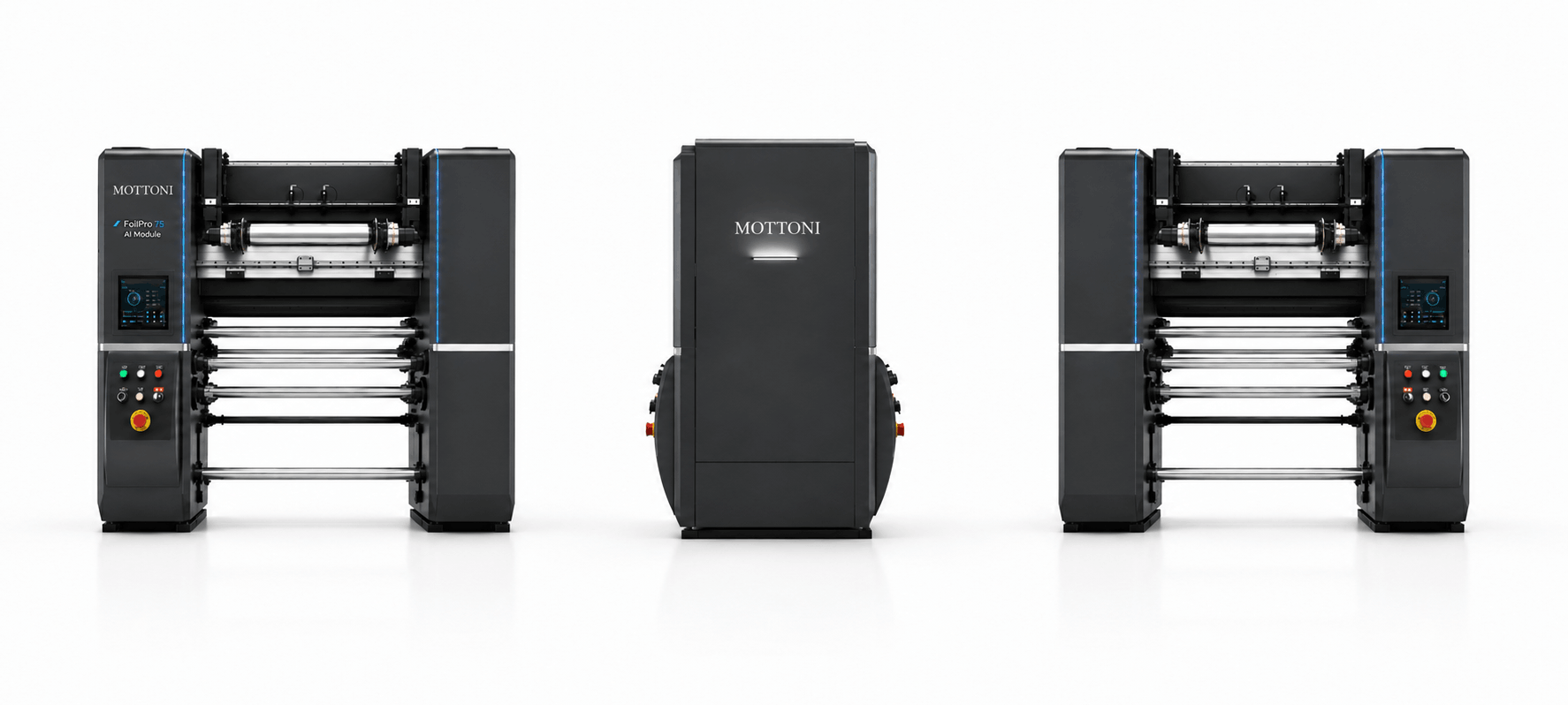 FoilPro 75 AI Module Heidelberg configuration shown from front, side, and rear